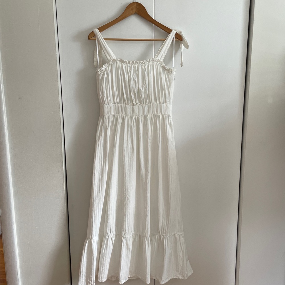 Lulu's White Smocked Midi Sundress Square Neck With Tie Straps